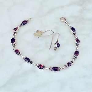 Garnet and sterling silver bracelet and earrings set